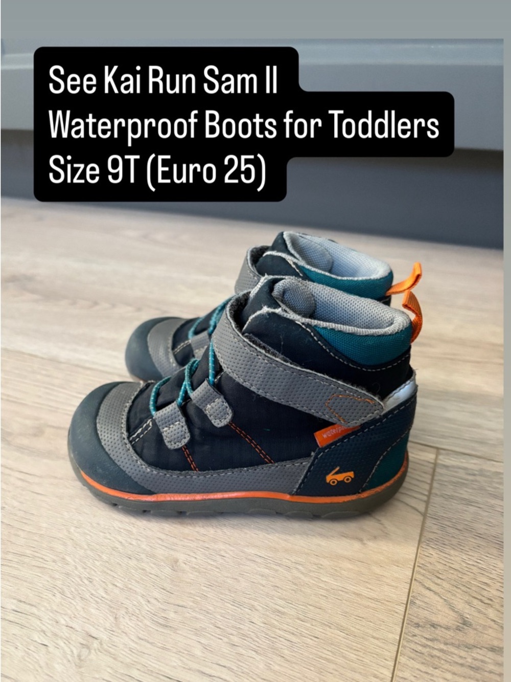 See Kai Run Toddler Waterproof Boots in Navy/Gray with Orange Accent Size 9T
